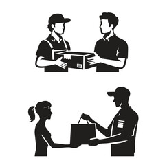 simple vector silhouette icon of courier delivery package to its owner