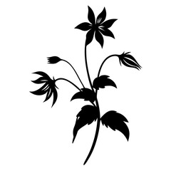 Elegant Black Silhouette of a Blooming Flower Stem with Several Petals and Leaves