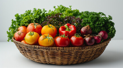Colorful Organic Vegetables in Woven Basket on White Background