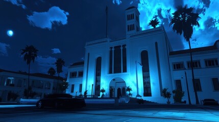 Fototapeta premium The illuminated large building under a night sky filled with clouds