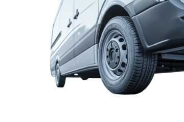 Sleek silver delivery van close up showcasing its robust tire and wheel on transparent background