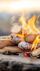 Warm campfire bringing friends together in a tranquil outdoor setting during evening hours