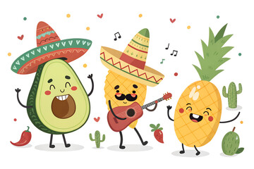 Naklejka premium Festive Cinco De Mayo Fruit Characters Wearing Sombreros And Playing Music