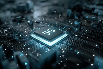 Futuristic rendering of 5G chip on circuit board with digital glow effect