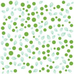 Green Dots and Leaves Outline Pattern on White Background