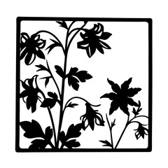 Black and White Square Floral Design Featuring Aquilegia Silhouettes Botanical Illustration