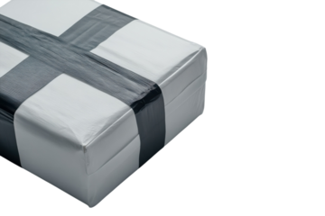 A mysterious white gift box secured with dark grey tape isolated on black on transparent background