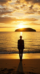 Fototapeta premium Golden Serenity: Silhouette at Sunset Beach, Reflecting on Life's Horizon and Finding Peace in Nature's Beauty.