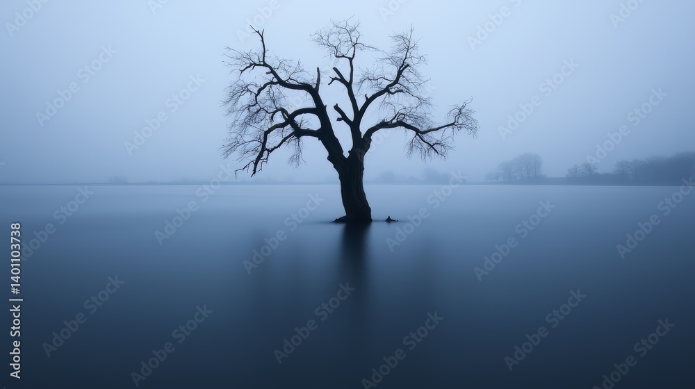 Poster Tree is floating in a lake with a misty sky in the background. The scene is serene and peaceful, with the tree standing out as a lone figure in the water