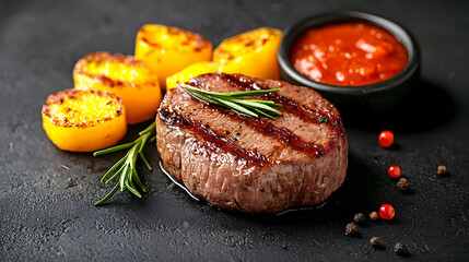 Grilled Steak with Roasted Vegetables and Red Sauce