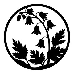 Elegant Black and White Silhouette of Blooming Flowers in a Circular Frame Botanical Illustration