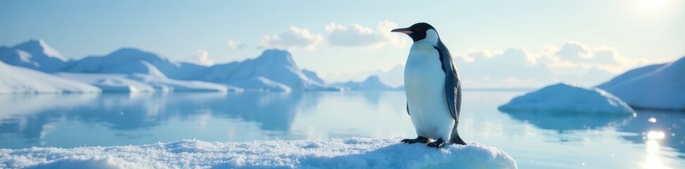 Fototapeta premium Snowy penguin standing on ice, penguins, birds