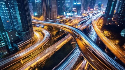 An elevated view of illuminated urban highways at night