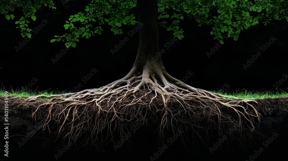 Poster tree with its roots visible in the ground. the roots are spread out and the tree is tall