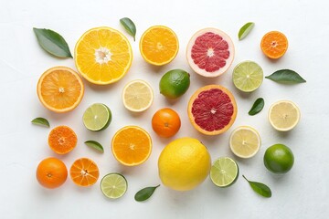 A vibrant citrus symphony, a joyful explosion of color and freshness, showcasing juicy oranges, lemons, limes, and grapefruits arranged artfully on a bright white background.
