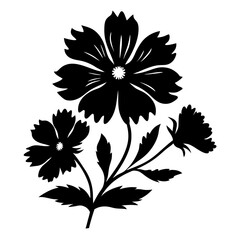 Elegant Black Silhouette of Flowers with Petals and Leaves Botanical Illustration