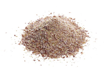 Ground, milled flaxseed, linseed flakes isolated on white background