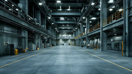 Empty Industrial Factory Interior With Gray Concrete Flooring And Metal Structures
