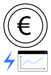 Euro currency sign in a circular frame, blue lightning bolt, upward financial graph in window. Ideal for finance, investment, economy, energy, technology analytics growth. Flat simple metaphor