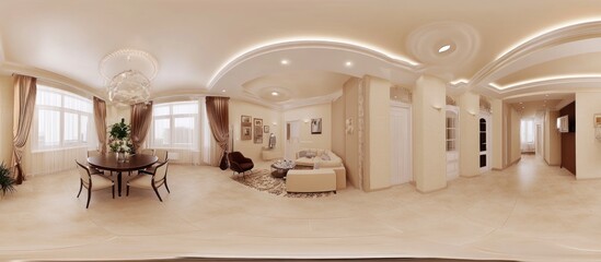 An elegant and spacious interior displaying a living and dining area