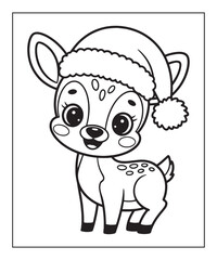 Obraz premium Baby deer with Christmas hat coloring page for kids, black line art vector illustration on white background