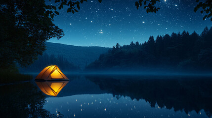 Golden Tent by the Lakeside Under the Stars