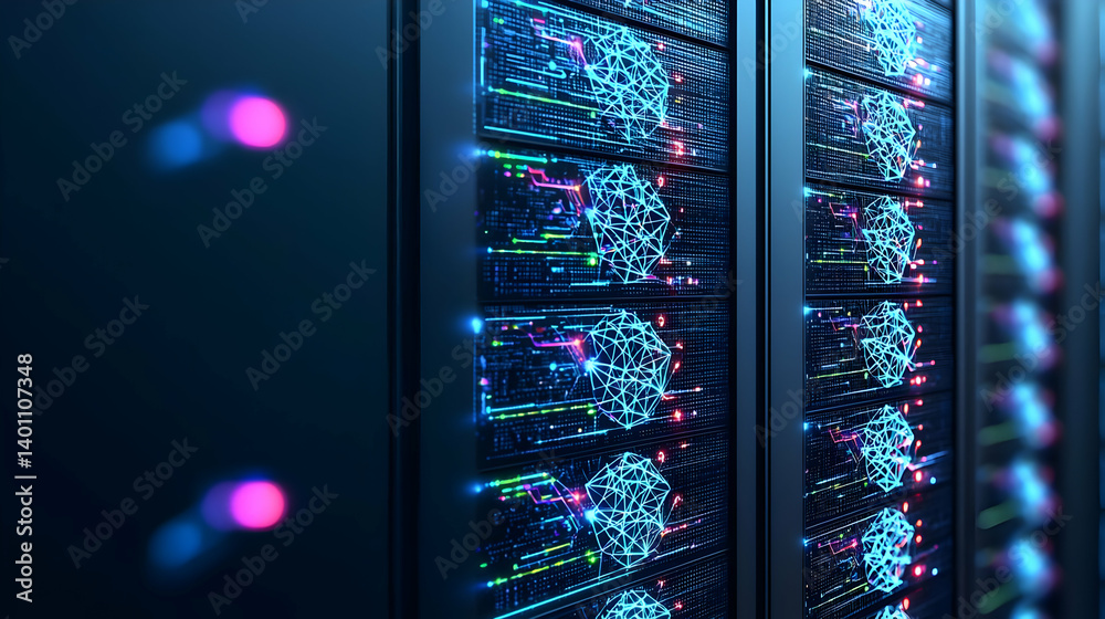 Poster data center server racks with glowing network graphics
