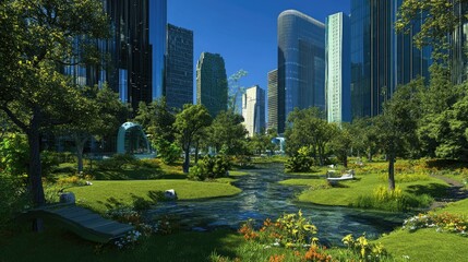 Obraz premium Lush urban oasis amidst towering skyscrapers. A tranquil waterway winds through a vibrant park, framed by towering modern architecture. Sunlight bathes the verdant landscape in warmth