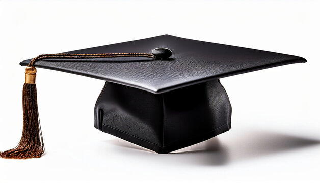 Black graduation cap with tassel on white background
