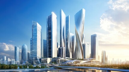 Modern architectural design of several tall glass skyscrapers in a city