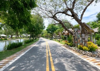 Fototapeta premium Paved Road Through Lush Green Park with Calm Water