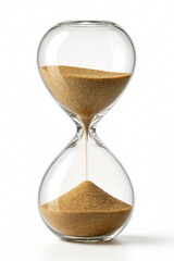 Elegant Clear Hourglass with Golden Sand on White Background Reflecting Simplicity and Time Flow
