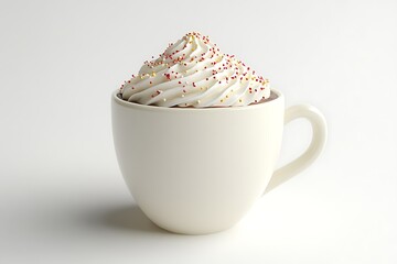 Photo of hot chocolate topped with whipped cream, captured in high resolution, with a clean white background