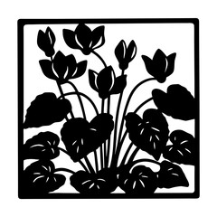 Black and White Floral Illustration of Cyclamen Flowers in a Square Frame Botanical Artwork Print