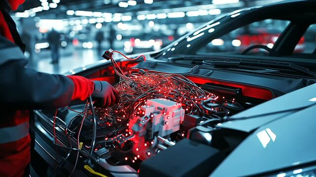 A mechanic carefully untangling and organizing car wiring, ensuring a proper connection inside a modern vehicle&rsquo;s engine bay.