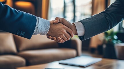 Business Handshake Concluding Deal with Two Men in Suits Indoors