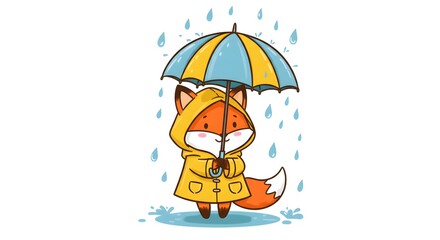 Obraz premium Cartoon Fox in Yellow Raincoat with Umbrella