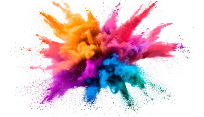 Multicolored explosion of rainbow powder paint holi decoration isolated on transparent background. PNG, generative AI