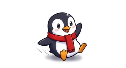 Cartoon Penguin in Red Scarf Sliding on Belly
