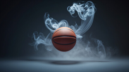 A basketball suspended in smoky swirls, capturing the intensity and fleeting moment of a game's climax with dramatic low-key lighting.