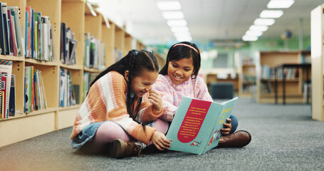 Girl, together and happy with book at library for development, learning and study on floor. School...