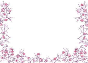 Fototapeta premium Hand drawn Japanese Sakura frame. Beautiful Cherry blossom in doodle style. Spring flower background. Vector outline illustration.