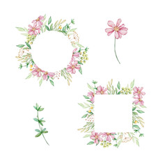 Floral Frame with watercolor pink flowers and green leaves