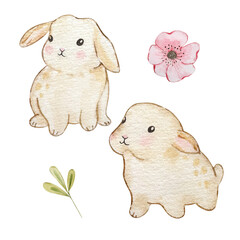 Watercolor cute Easter Bunny, nursery beige rabbit for spring design