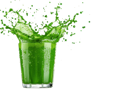 Drinking and splashing action of green beverage isolated cutout background dynamic viewpoint for creative concepts
