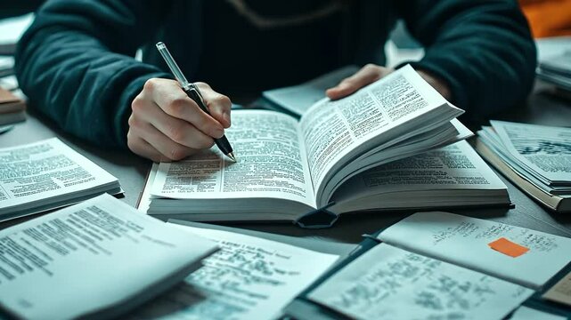 A study table cluttered with open books, printed research papers, and highlighted notes, with a student&rsquo;s hand flipping through pages, deep in concentration.