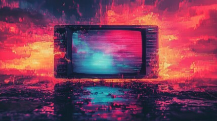 Old analog television showing colorful static noise and digital glitch effect