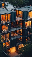 Modern apartments in urban setting at nighttime with warm lights
