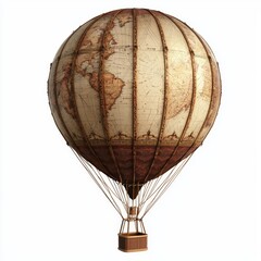 Vintage hot air balloon with antique world map design soaring through a clear blue sky, symbolizing adventure and exploration