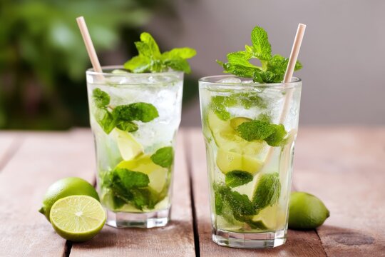 Two refreshing mojito cocktails sitting on table with lime and mint